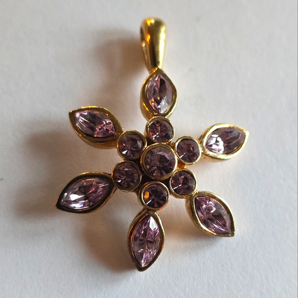 Vintage flower pendant purple rhinestones Gold tone metal dainty